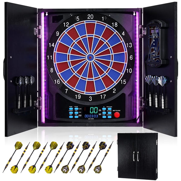 Electronic Dart Board, Electric Dartboard Cabinet Set for Adults [6 Soft Tip Darts] Individual Light Color for Each Player- Wooden Dartboard Cabinet for Family Game [Black]