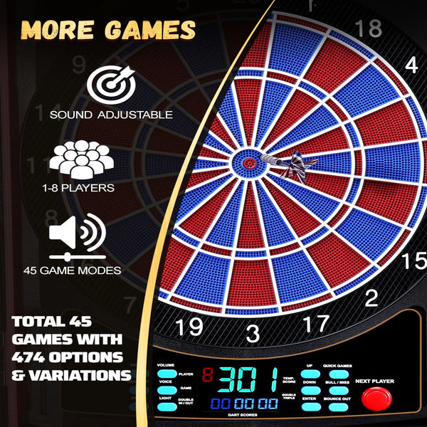 Electronic Dart Board, Electric Dartboard Cabinet Set for Adults [6 Soft Tip Darts] Individual Light Color for Each Player- Wooden Dartboard Cabinet for Family Game [Black]
